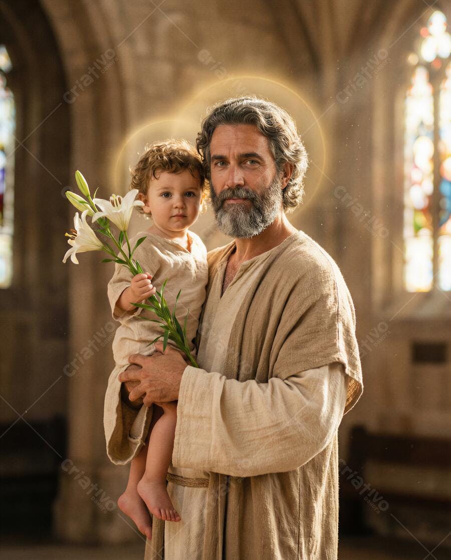Foto São José com Menino Jesus e Lírios Igreja