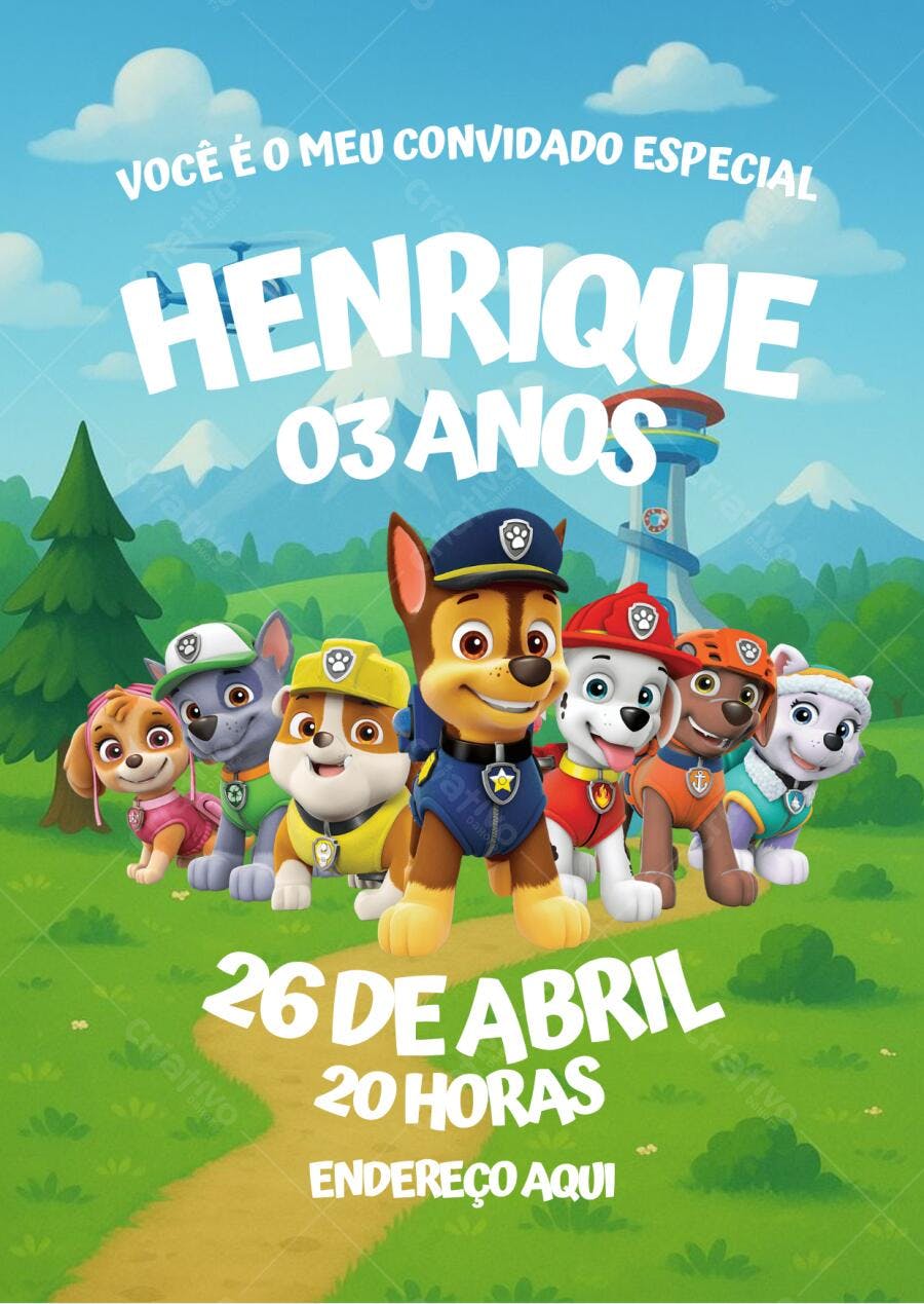 Convite de Aniversário Patrulha Canina Editável no Canva