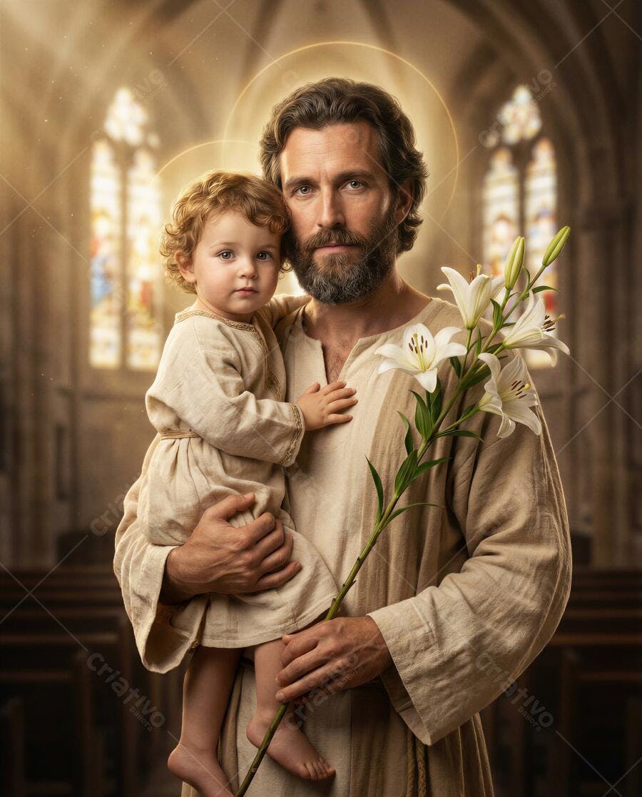 Foto São José com Menino Jesus e Lírios Igreja