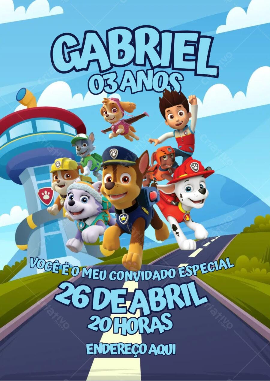Convite de Aniversário Patrulha Canina Editável no Canva