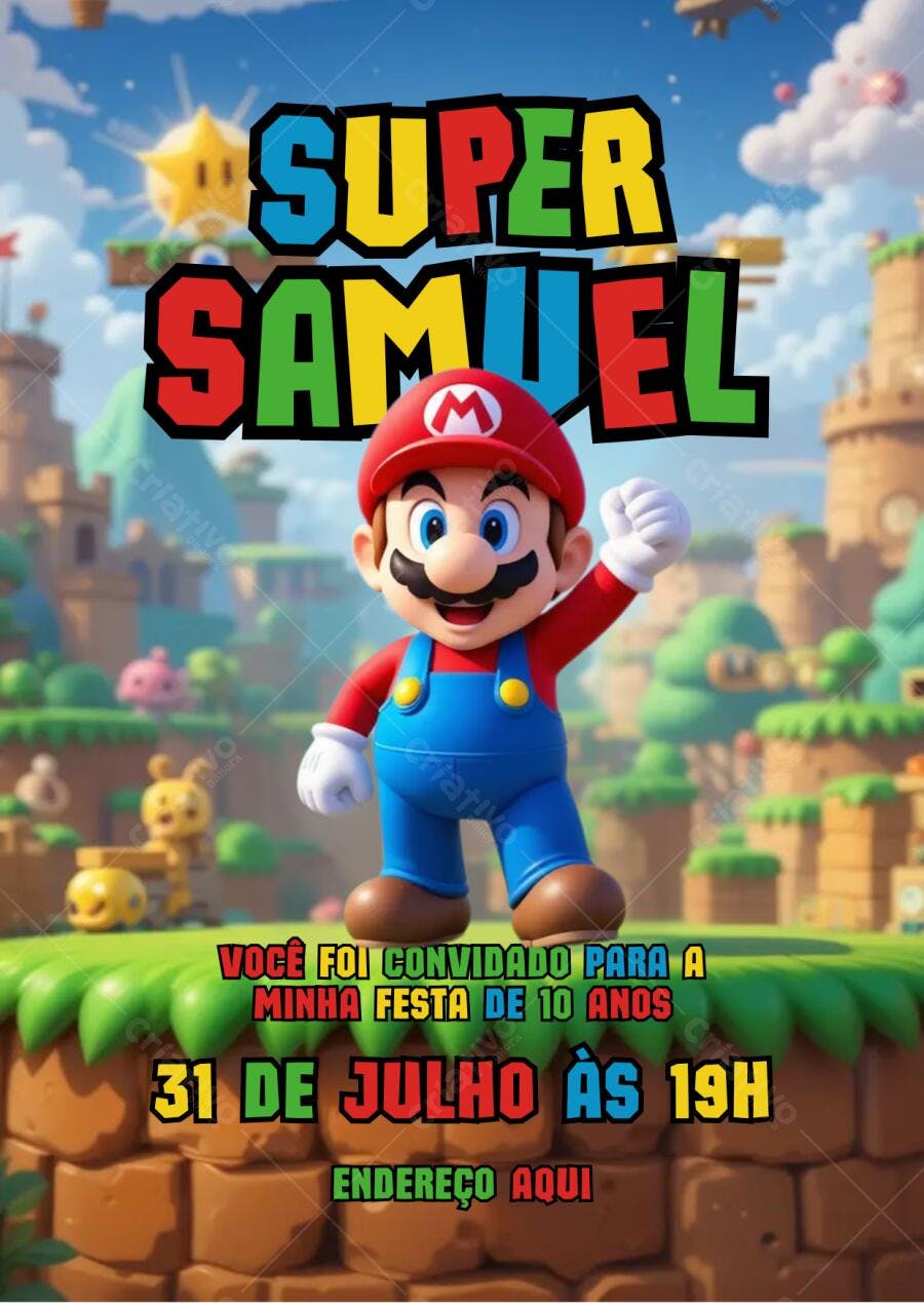 Convite de Aniversário Infantil Super Mario Editável no Canva