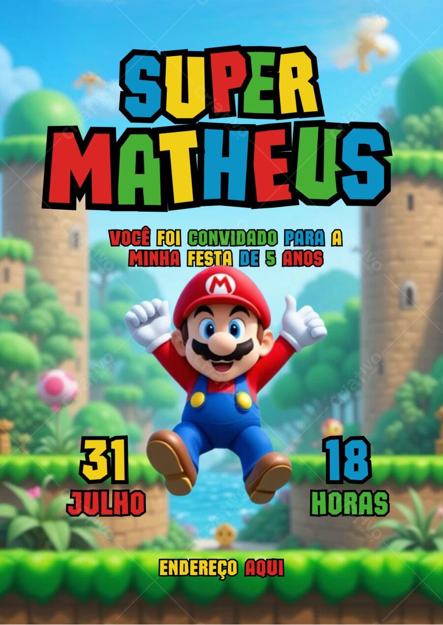 Convite Festa Infantil Mario Bros Azul Verde e Vermelho Editável no Canva