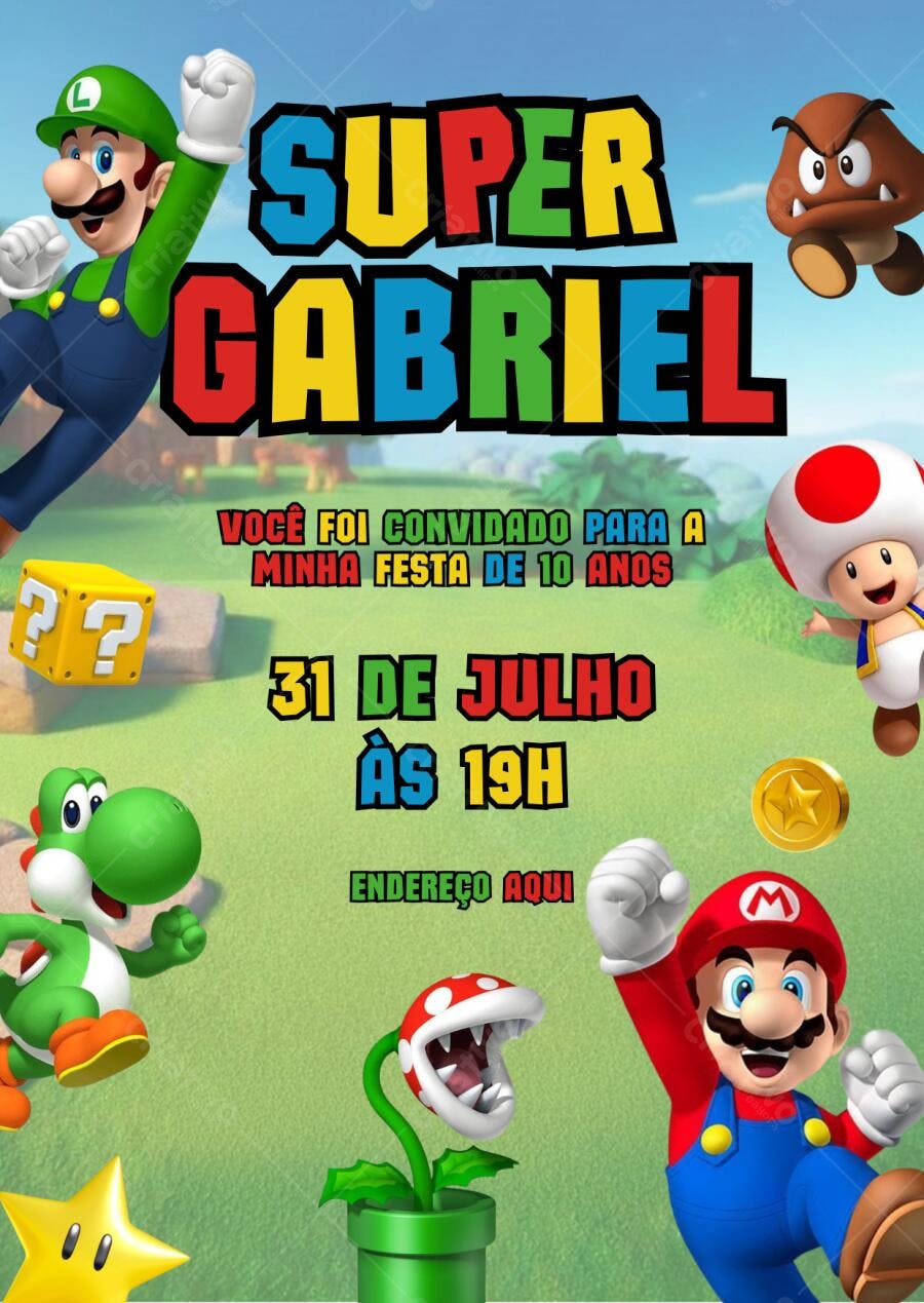 Convite Festa Infantil Super Mario Bros Editável no Canva