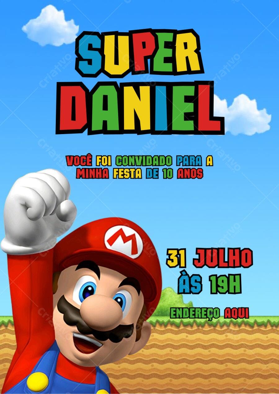 Convite de aniversário infantil Mario Bros Editável no Canva