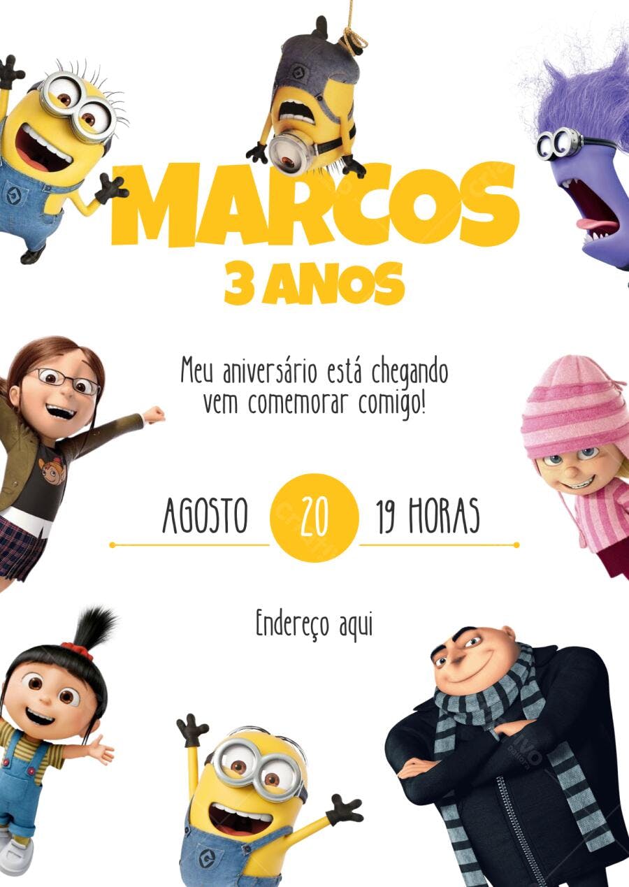 Convite Aniversário Infantil Minions e Gru amarelo e azul Editável no Canva