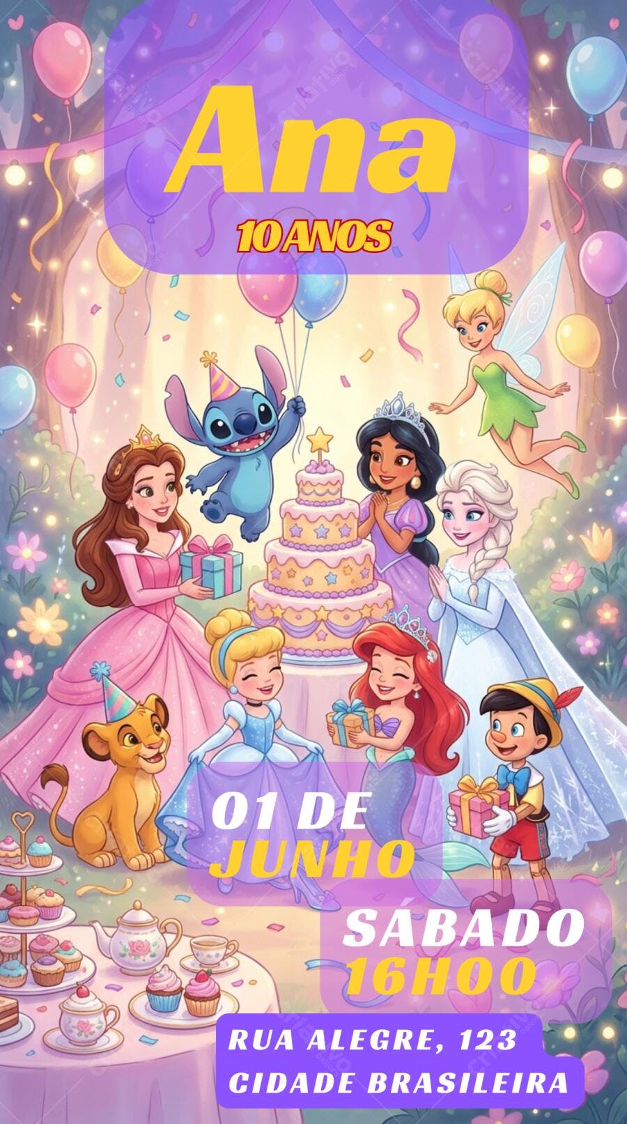 Convite Aniversário Princesas Disney Stitch 10 Anos Editável