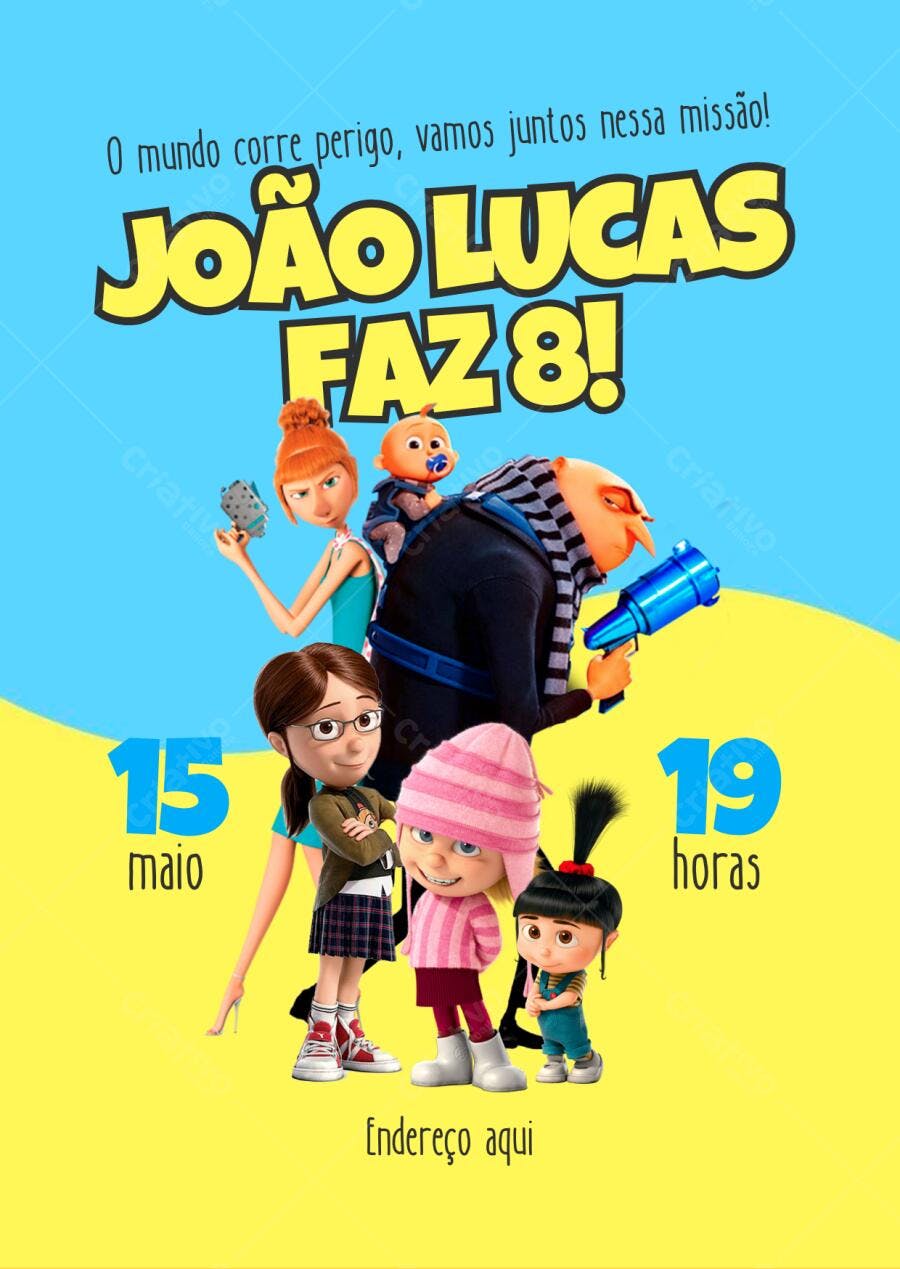 Convite Aniversário Infantil Minions Azul e Amarelo Editável no Canva