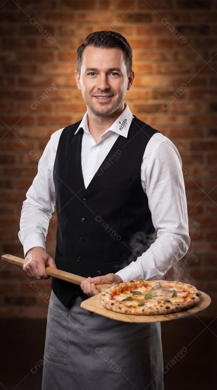 Foto Pizzaiolo Sorrindo Segurando Pizza Quente Forno Tijolos