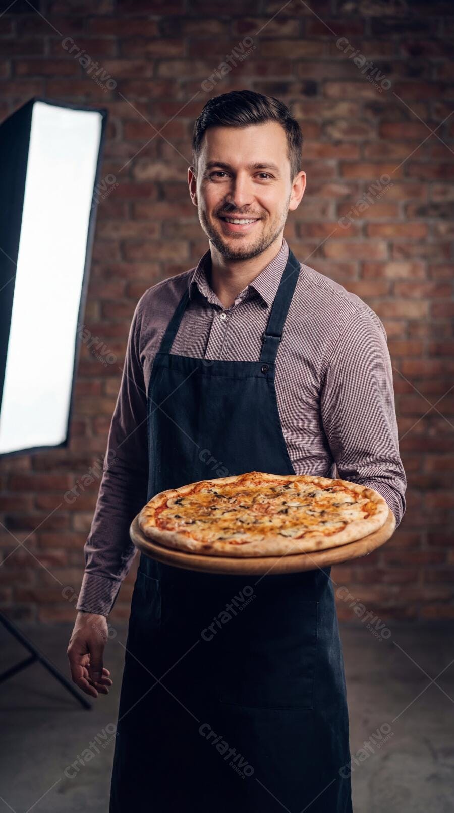 Foto Pizzaiolo Sorrindo Segurando Pizza Forno Tijolos
