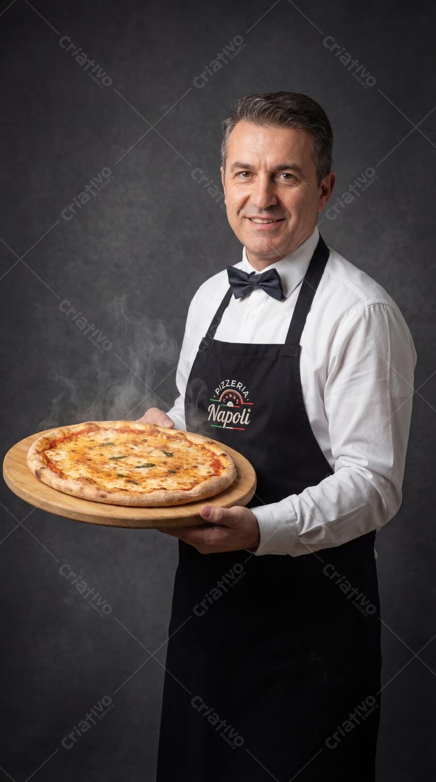 Foto Pizzaiolo Sorrindo Servindo Pizza Quente Fundo Escuro