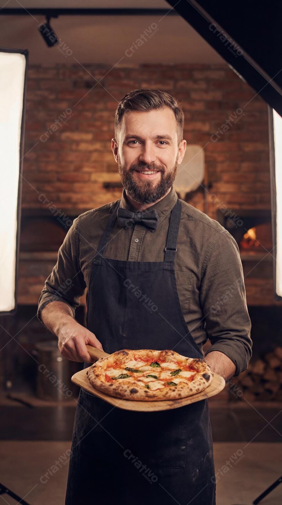 Foto Pizzaiolo Sorrindo Segurando Pizza Margherita Forno Lenha