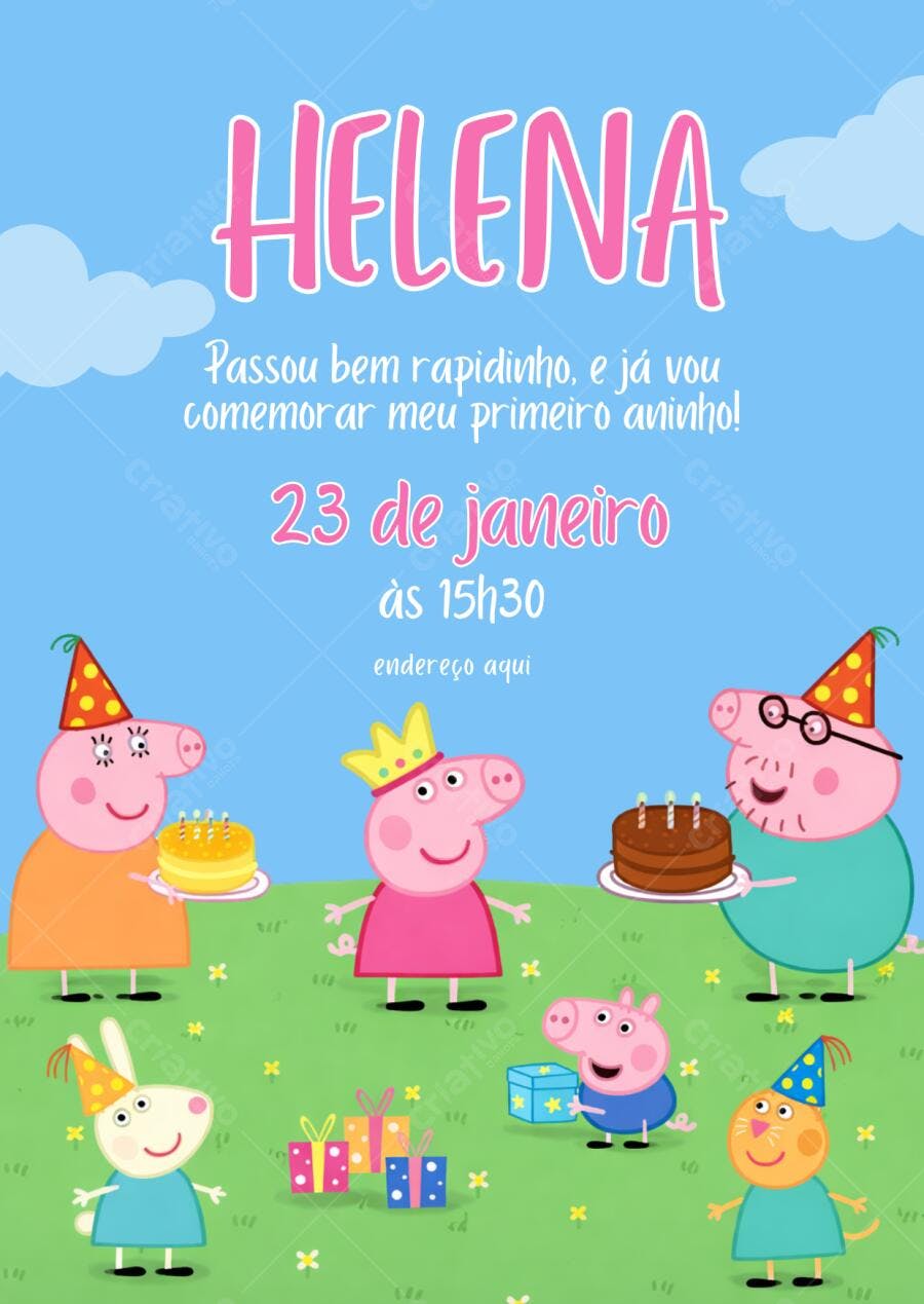 Convite de aniversário Peppa Pig festa de aniversário Editável no Canva