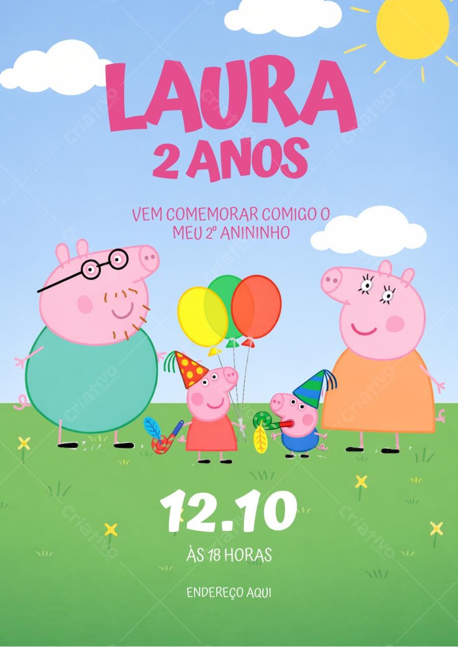 Convite de Aniversário Infantil Peppa Pig  Editável no Canva