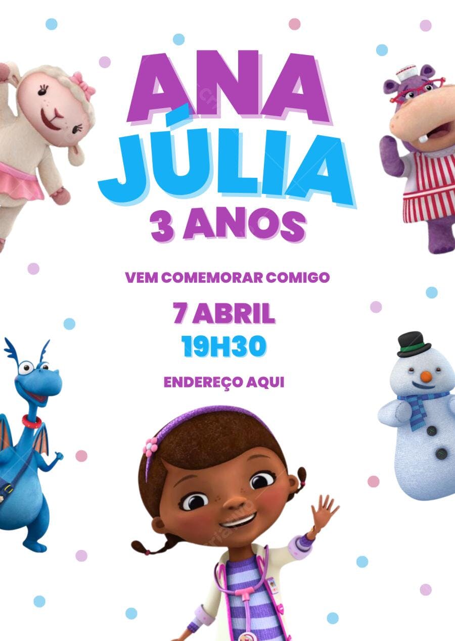 Convite de Aniversário Infantil Doutora Brinquedos Editável no Canva