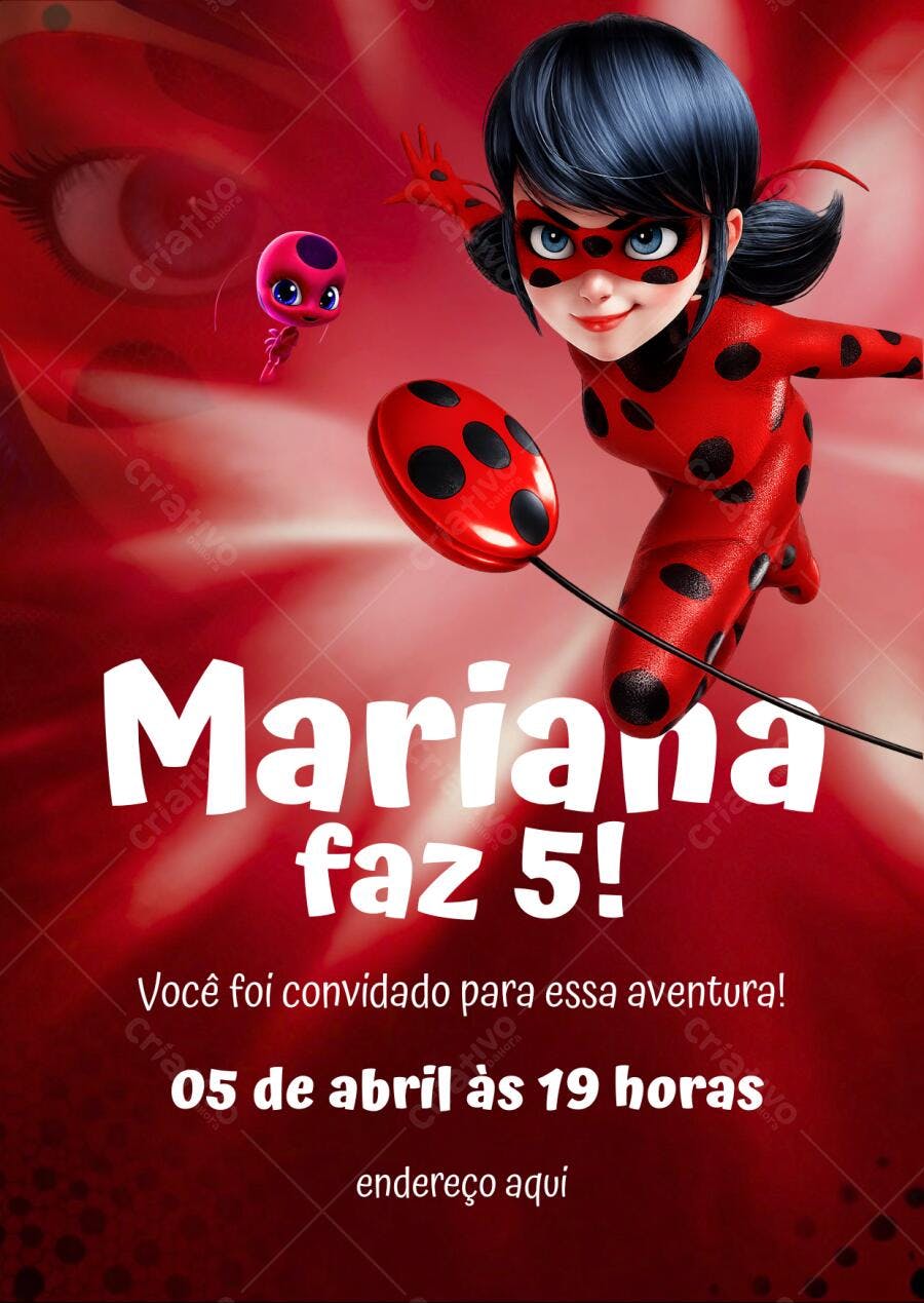 Convite de Aniversário Infantil Ladybug Miraculous Editável no Canva