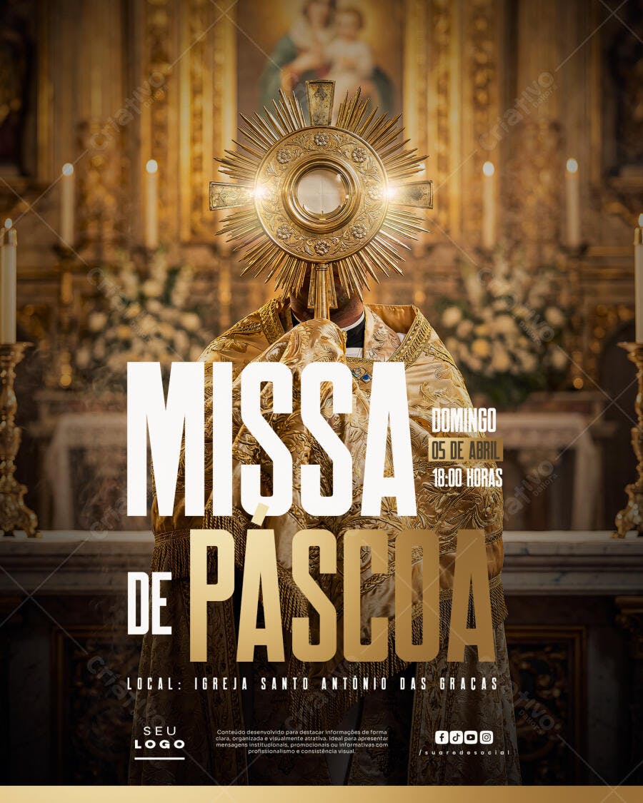 Post Instagram Missa de Páscoa Igreja PSD Editável