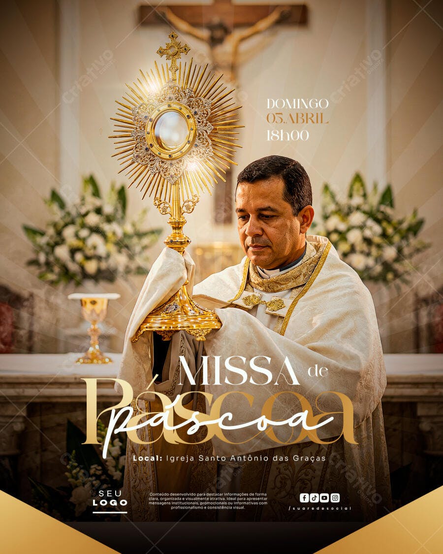 Post Instagram Missa de Páscoa Igreja PSD Editável