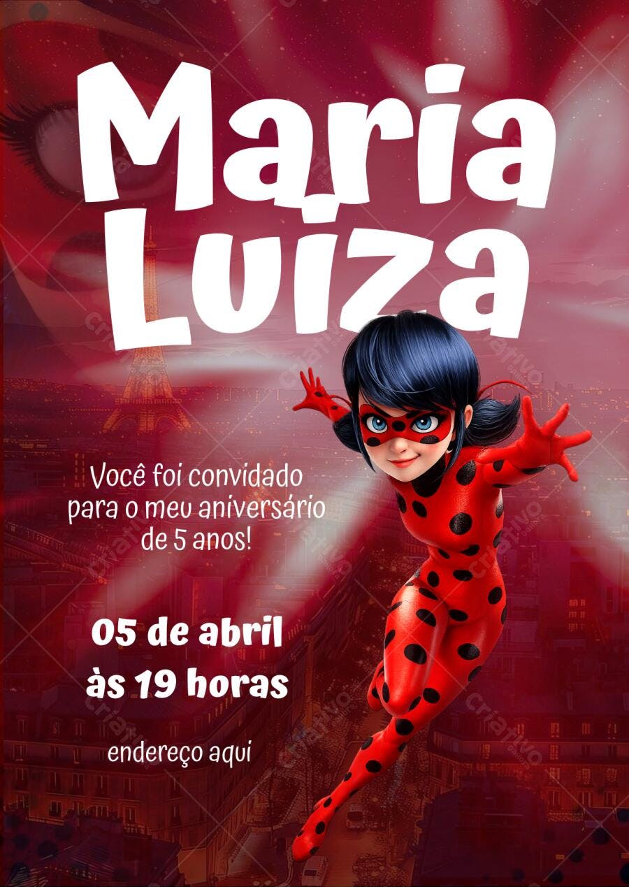 Convite de Aniversário Infantil Miraculous Ladybug Editável no Canva
