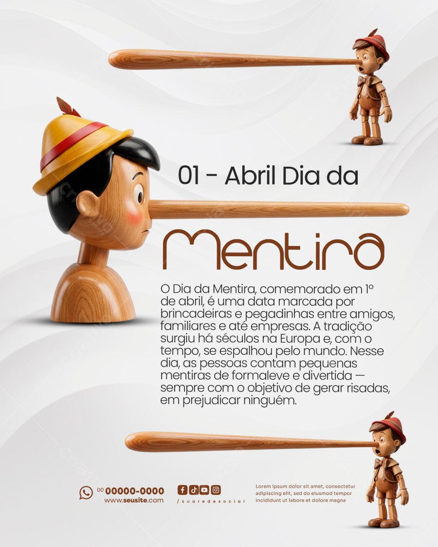 Post Dia da Mentira 1 de Abril Pinóquio PSD Editável