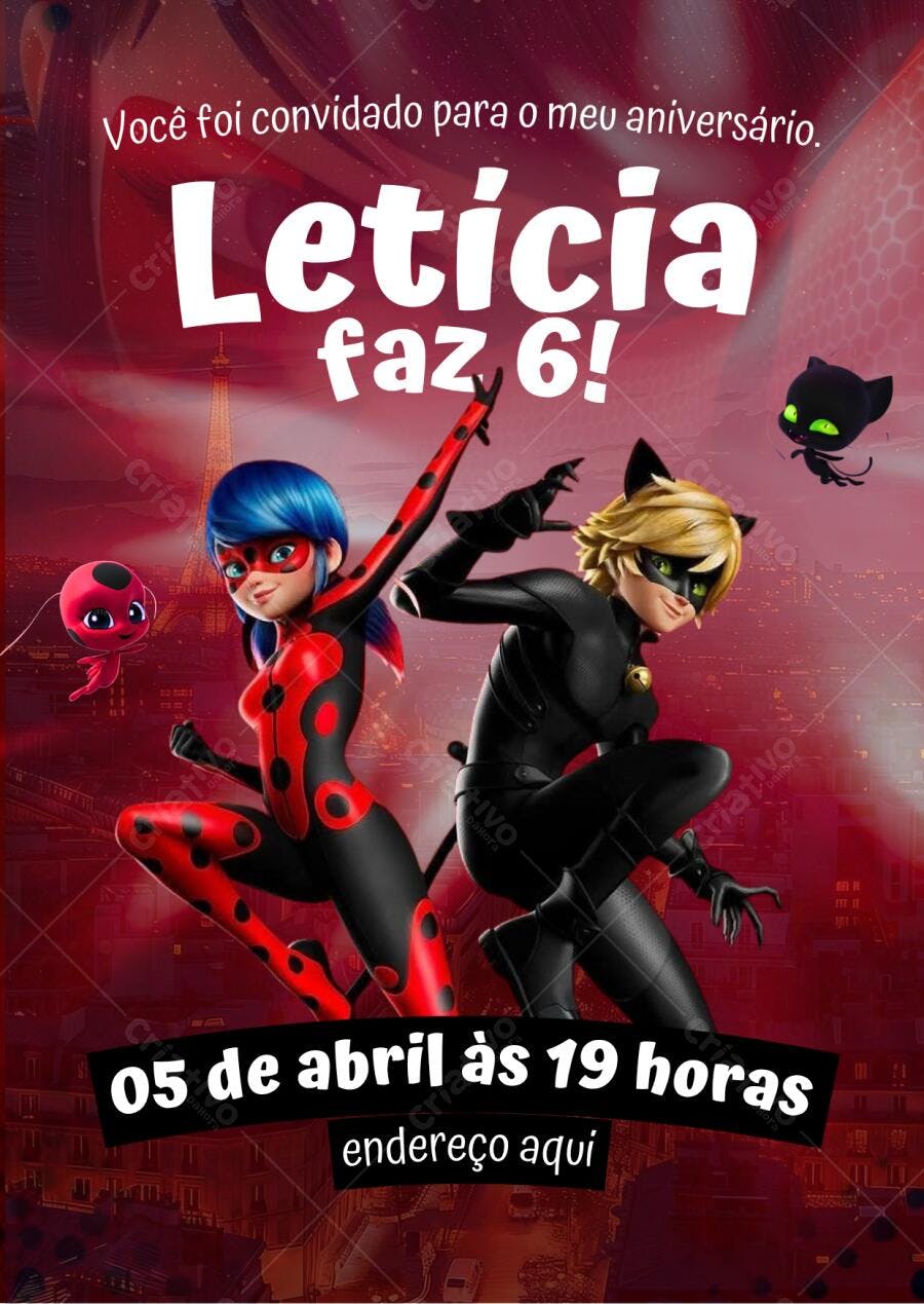 Convite de Aniversário Infantil Ladybug e Cat Noir Editável no Canva