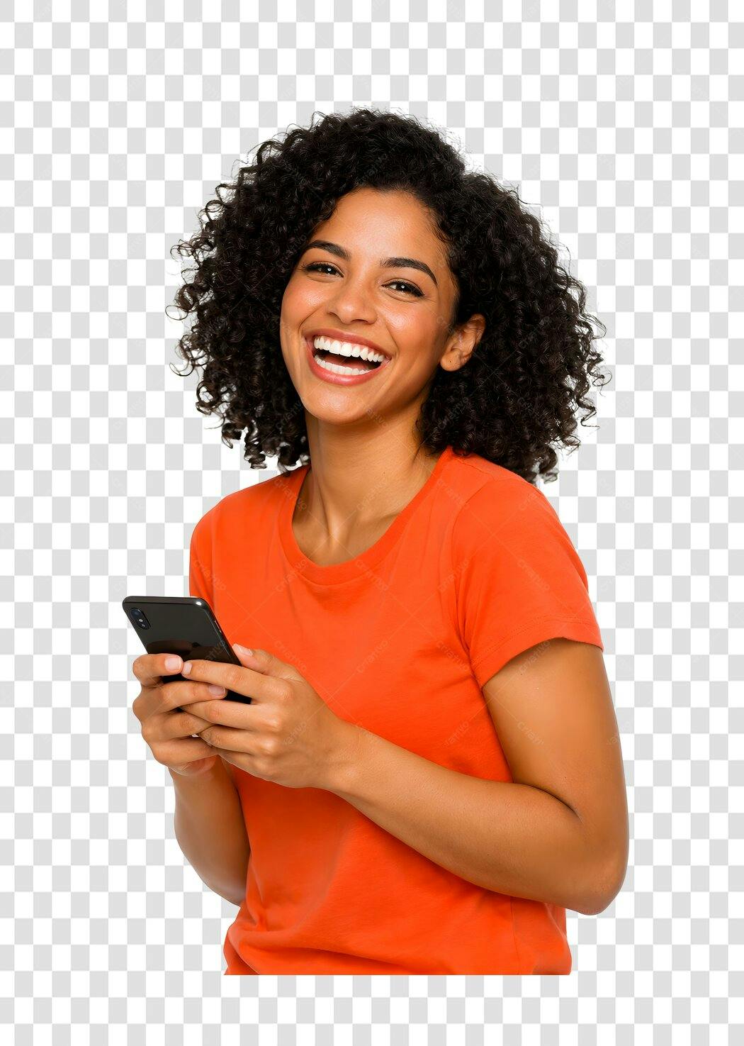 Foto Recortada Mulher Negra Feliz Celular PNG Fundo Transparente