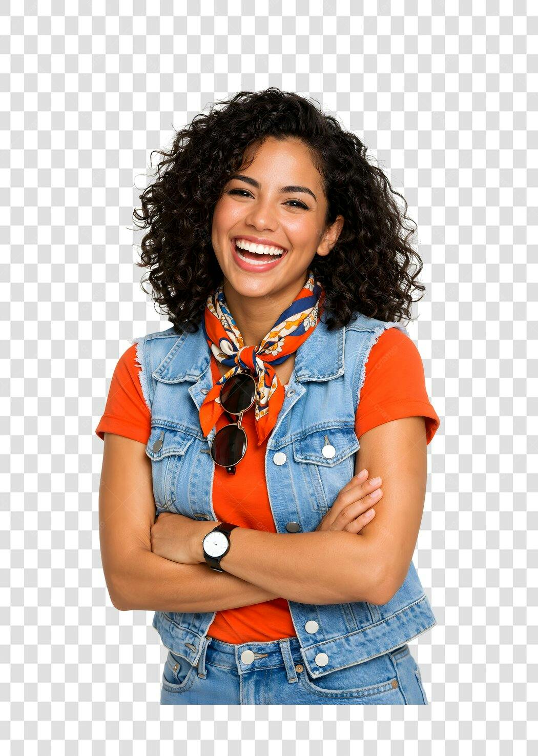 Foto Recortada Mulher Sorrindo Cabelo Cacheado PNG Fundo Transparente