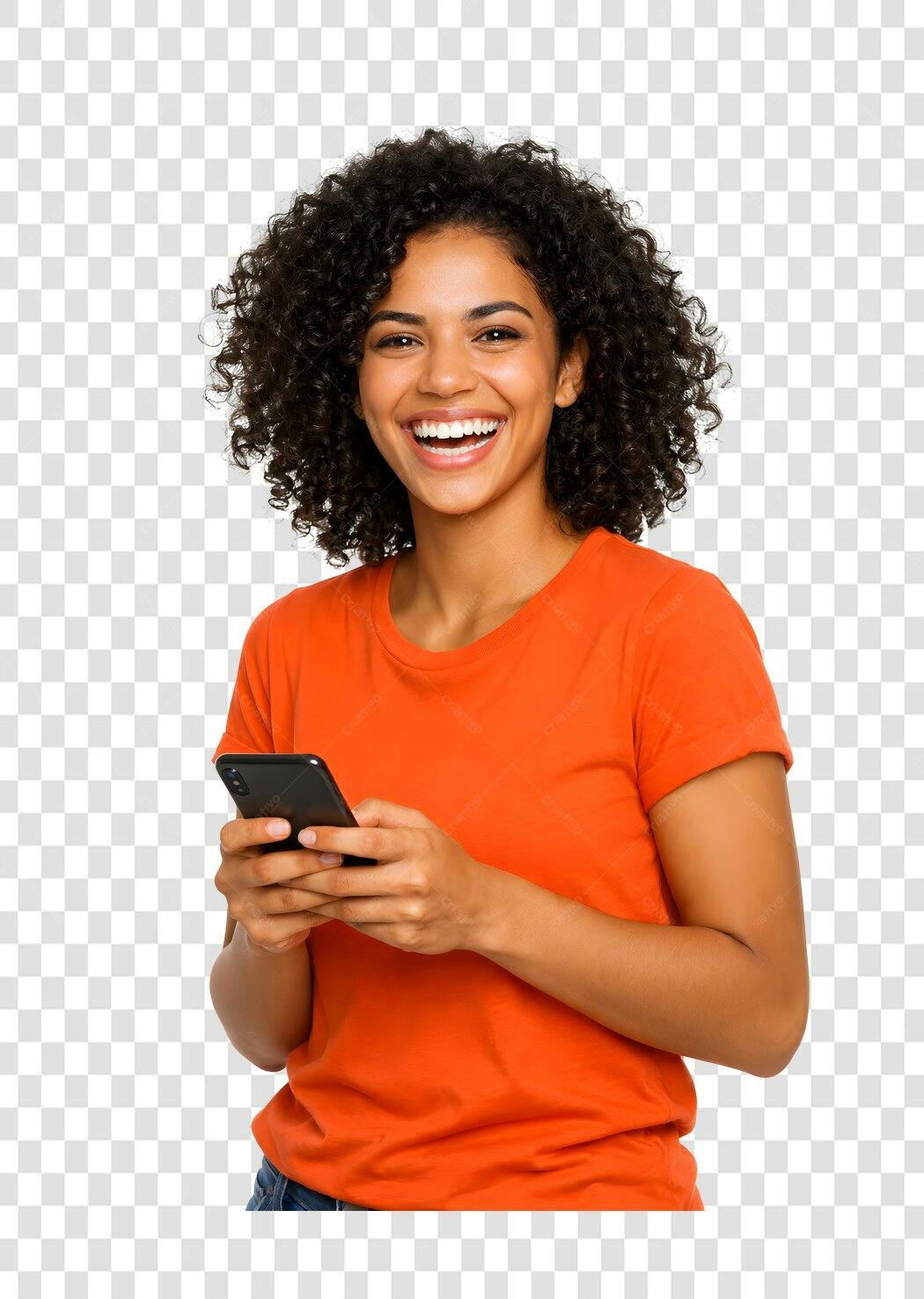 Foto Recortada Mulher Negra Feliz Celular PNG Fundo Transparente