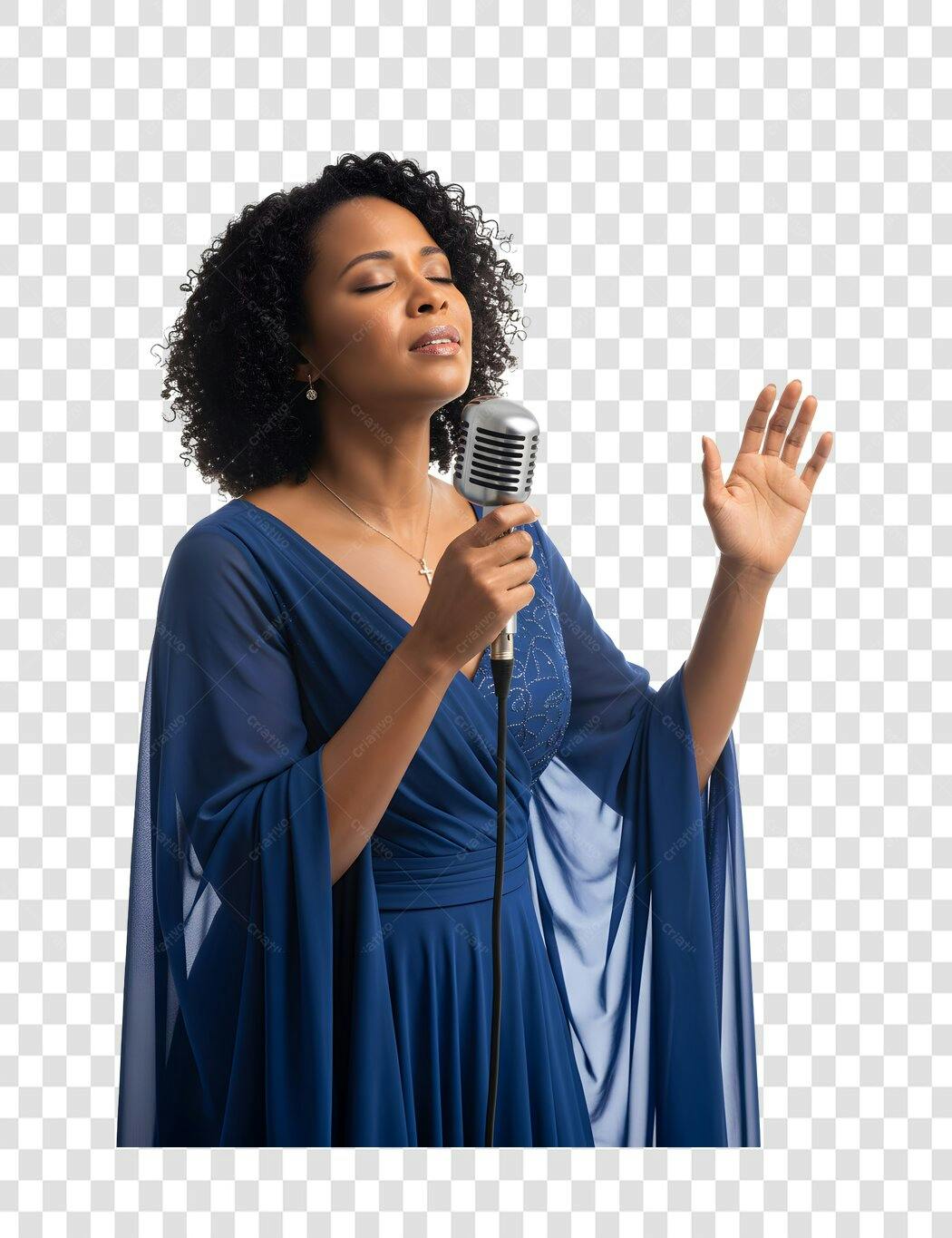Foto Recortada Mulher Cantando Microfone Azul PNG Fundo Transparente