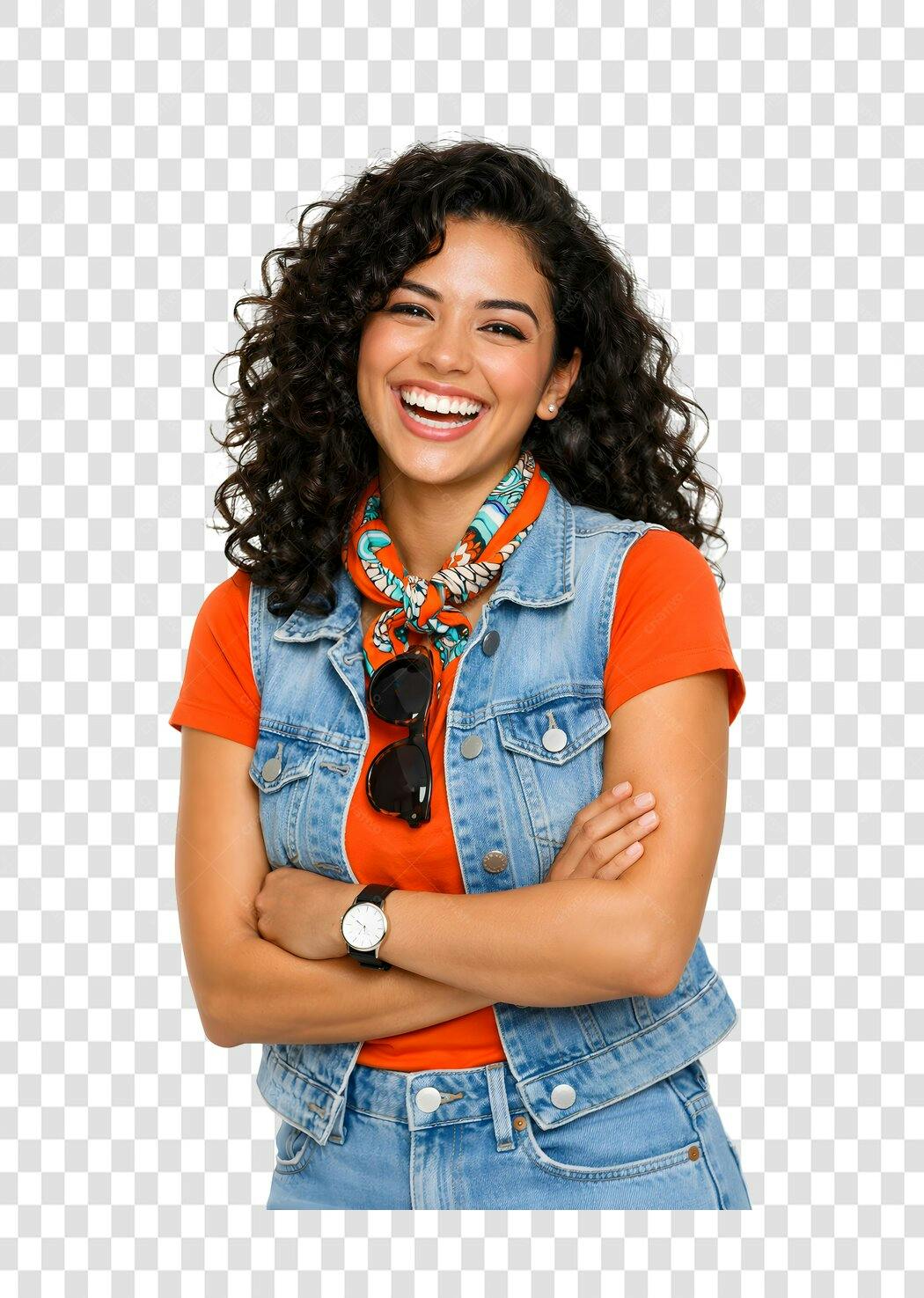 Foto Recortada Mulher Jovem Sorrindo Cabelo Cacheado PNG Fundo Transparente