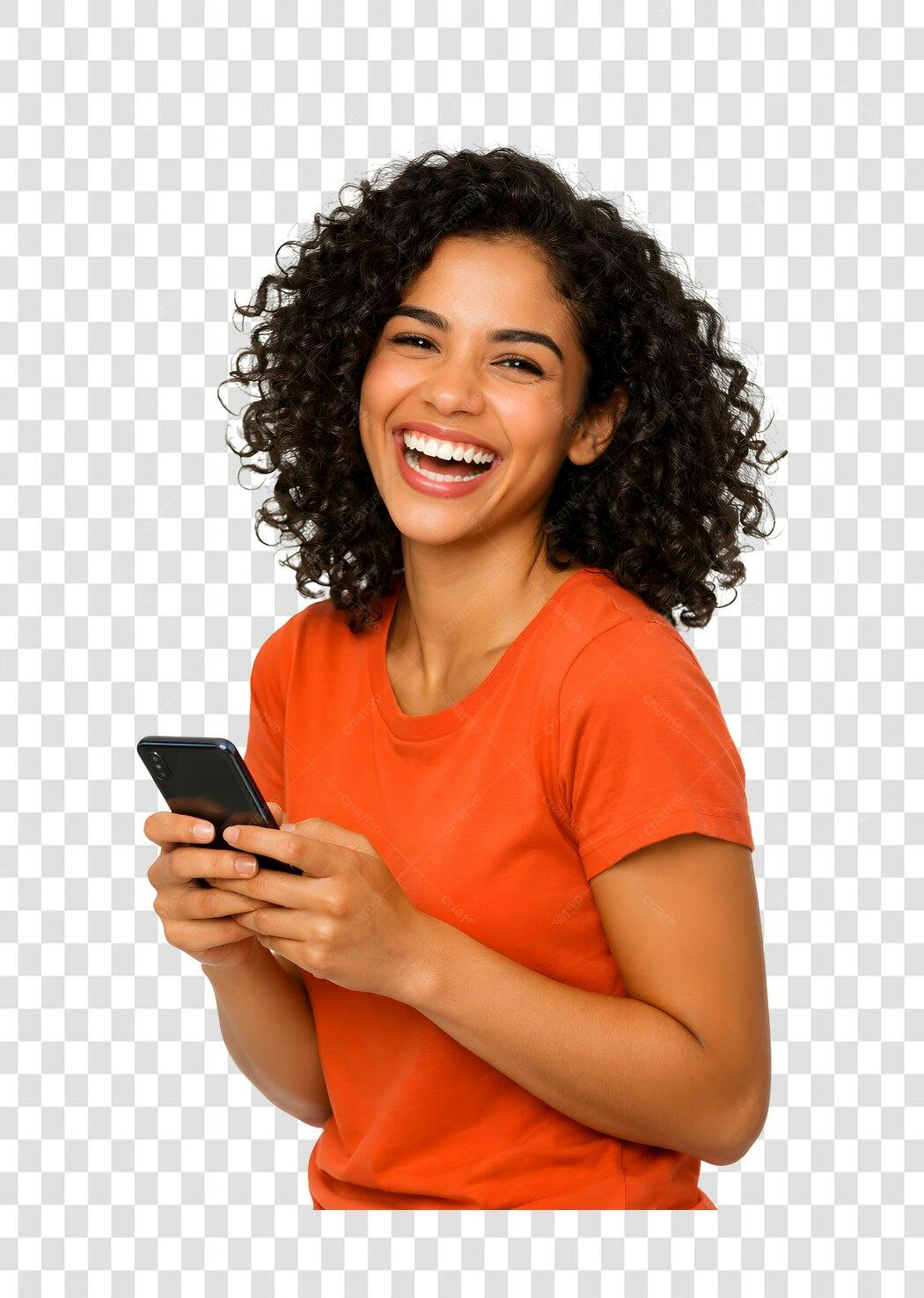 Foto Recortada Mulher Negra Sorrindo Celular PNG Fundo Transparente