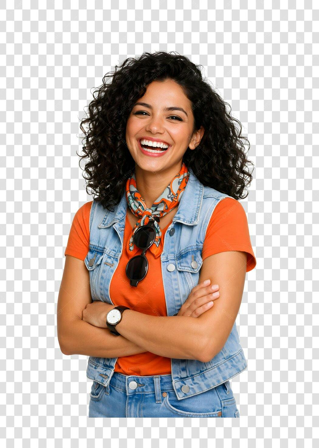 Foto Recortada Mulher Sorrindo Cabelo Cacheado PNG Fundo Transparente