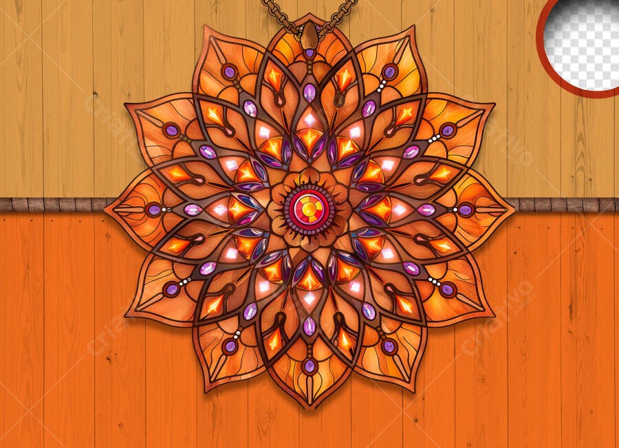Mandala Vitral Laranja Roxa PSD Editável Joalheria Esotérica