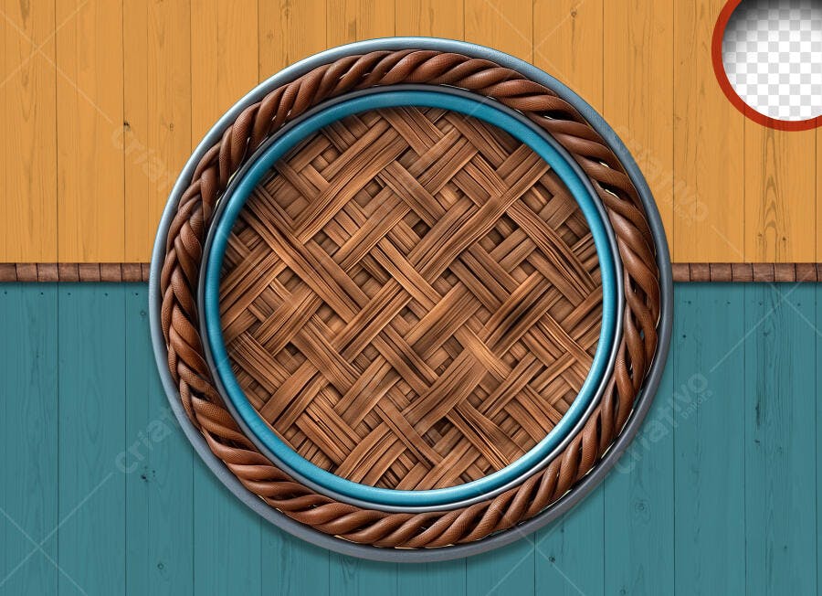 Mockup Moldura Cesta Palha Redonda Fundo Madeira PSD Editável