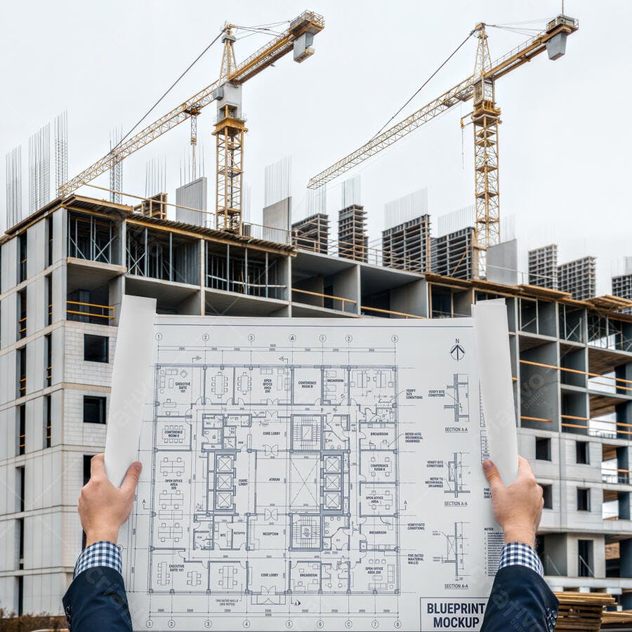 Mockup Planta Baixa Mãos Segurando Obra Construção Editável