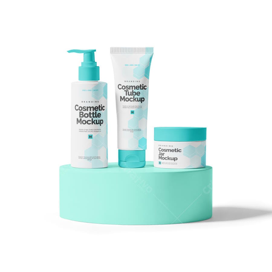 Mockup Frascos Cosméticos Garrafa Tubo Pote Fundo Branco Editável