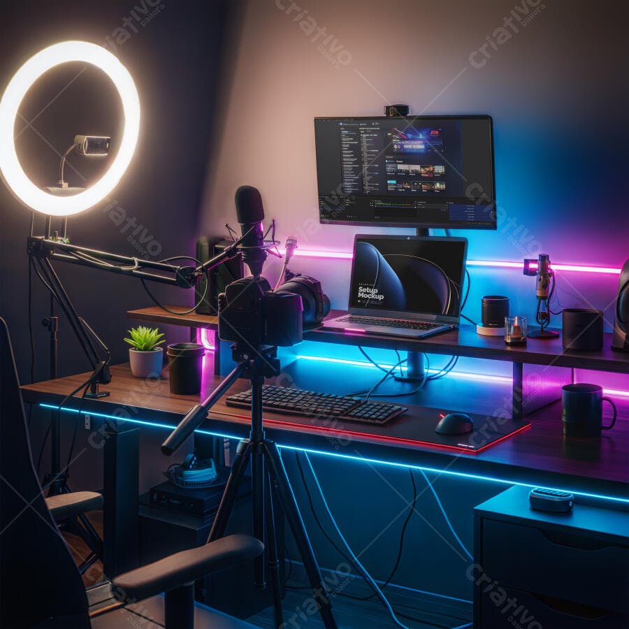 Mockup Estúdio Gamer Streamer Setup Neon Editável