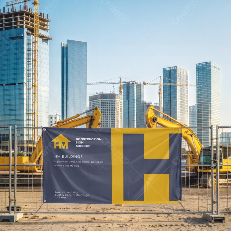 Mockup Banner Lona Construção Civil Canteiro Obras Editável