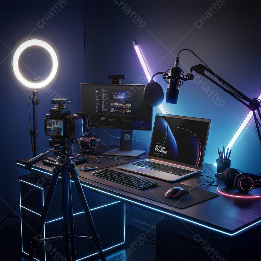Mockup Notebook e Setup Gamer Streamer Fundo Neon Editável