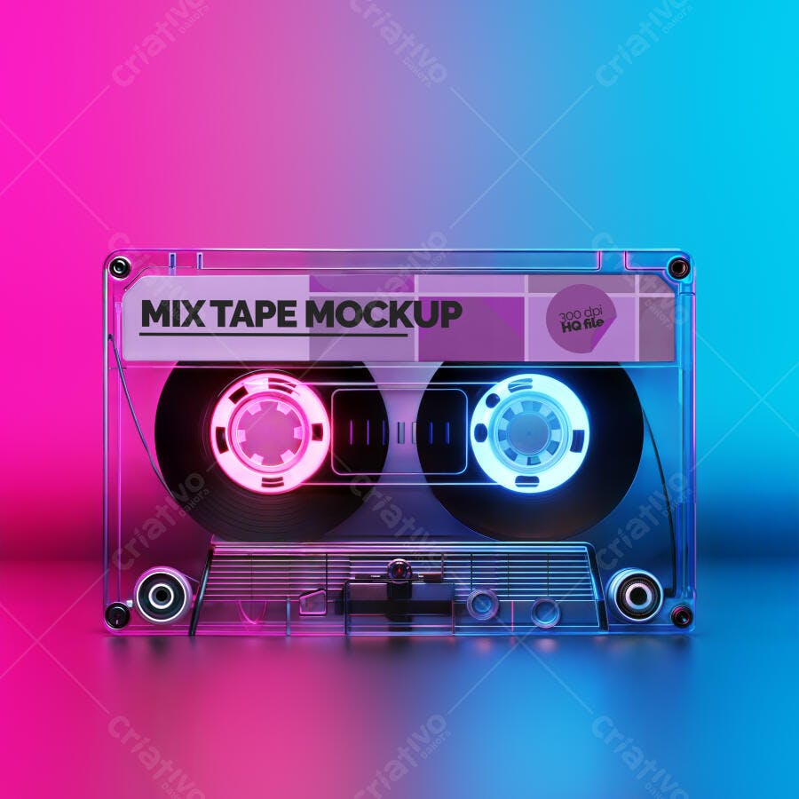 Mockup Fita Cassete Transparente Retrô Fundo Neon Editável