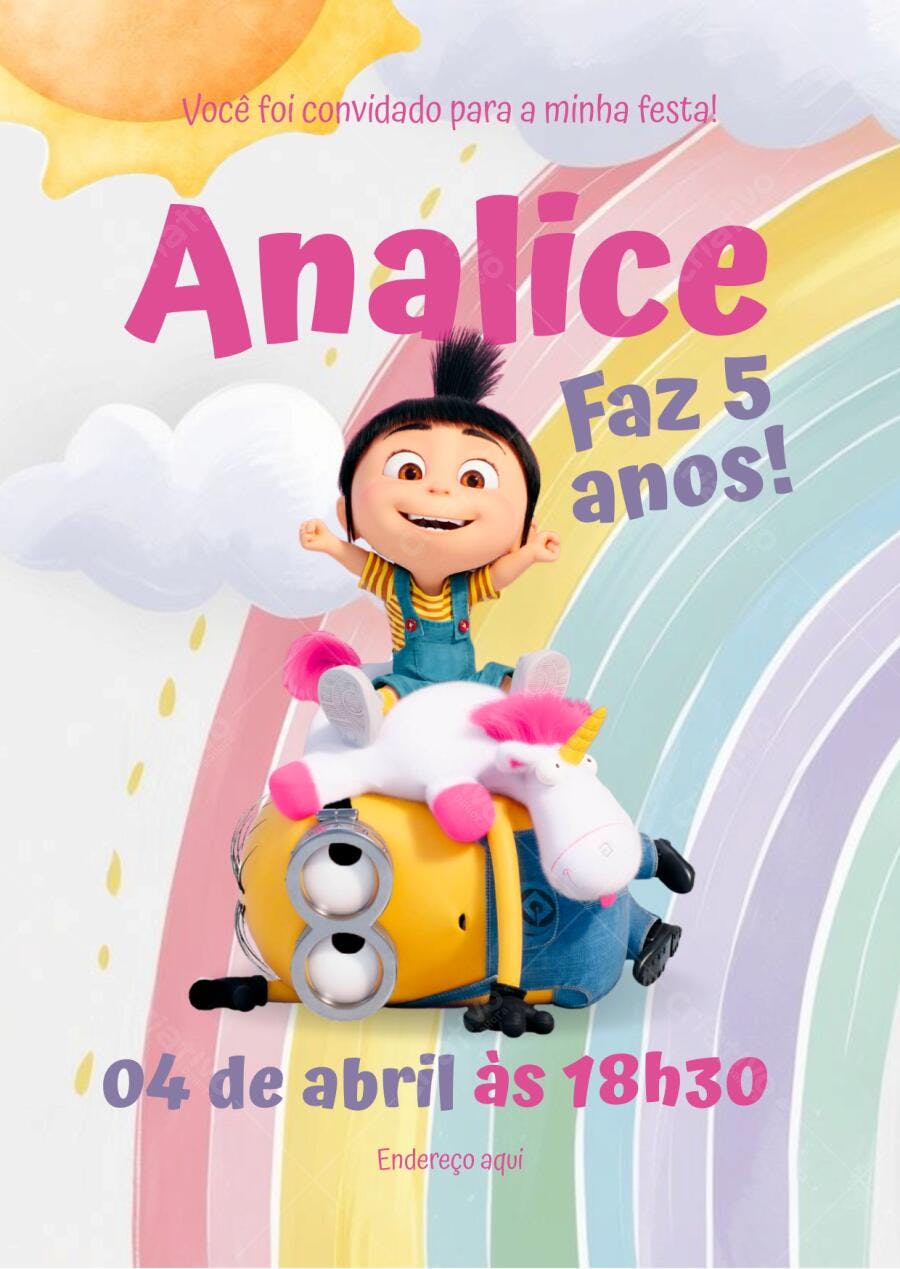 Convite Aniversário Agnes Minions 5 Anos Editável