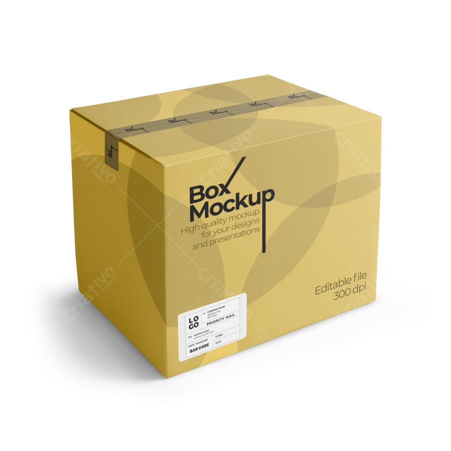 Mockup Caixa de Papelão Amarela 3/4 Fundo Branco Editável
