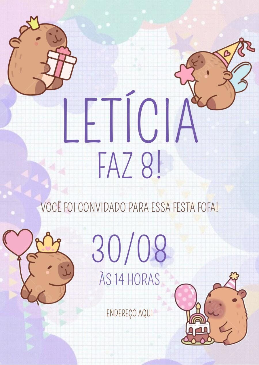 Convite Aniversário Capivara Fofa 8 Anos Editável