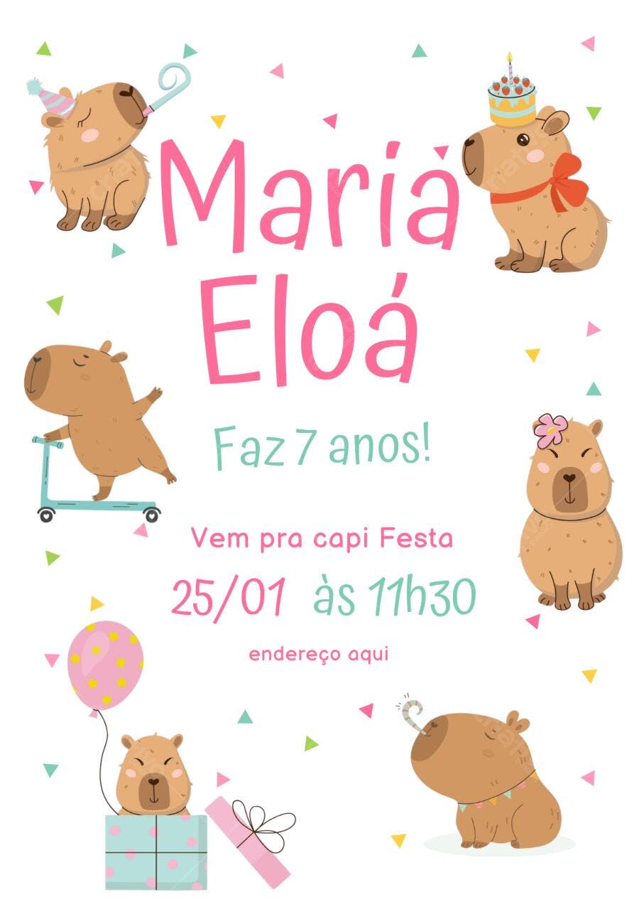 Convite Aniversário Capivara 7 Anos Editável