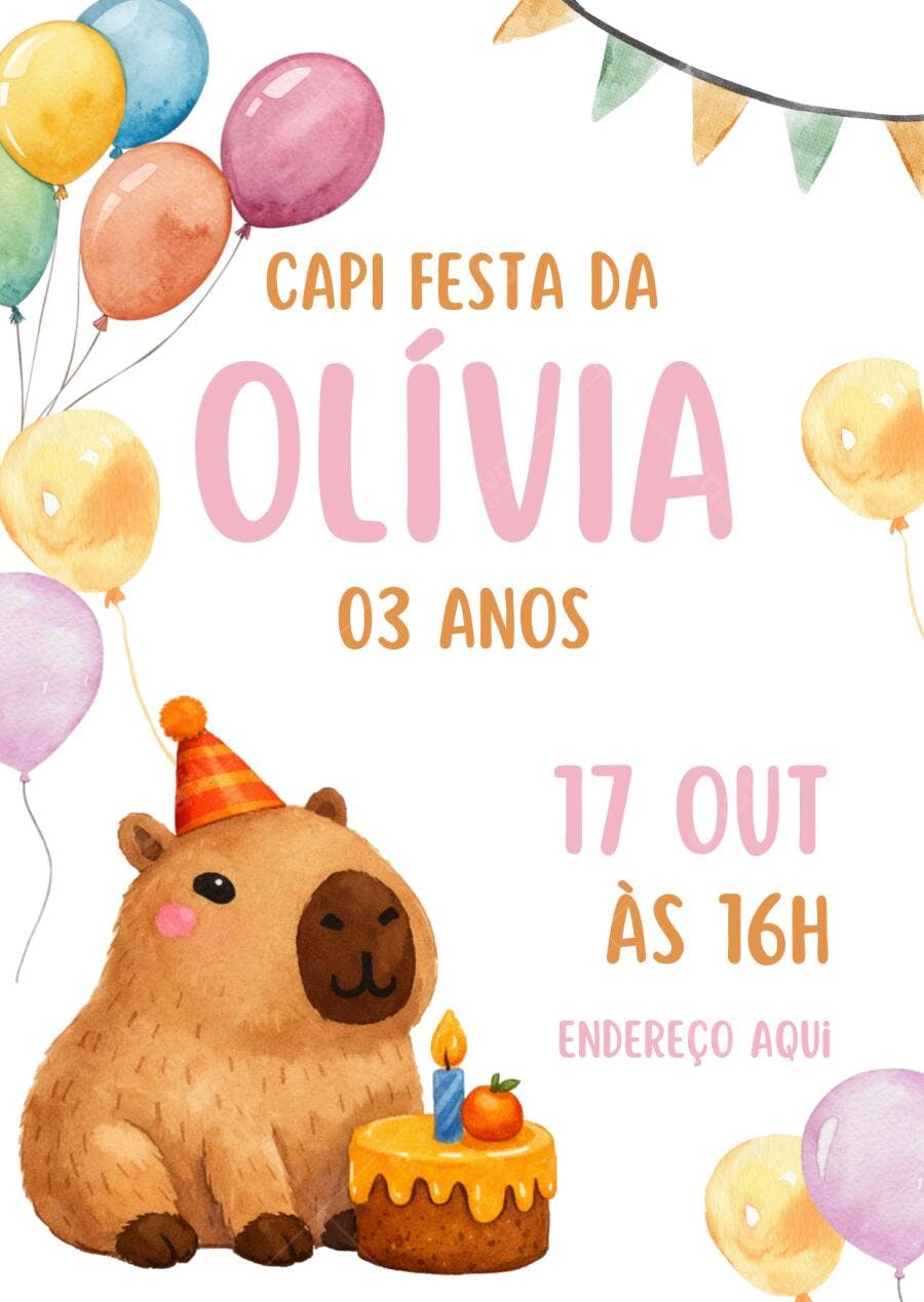 Convite Aniversário Capivara 3 Anos Editável