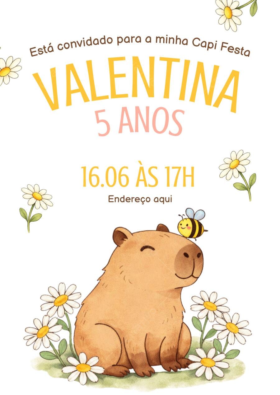 Convite Aniversário Capivara 5 Anos Abelha Editável
