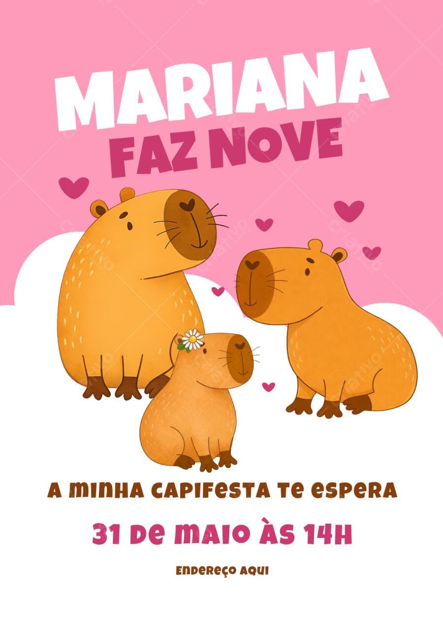 Convite Aniversário Capivara 9 Anos Rosa Editável