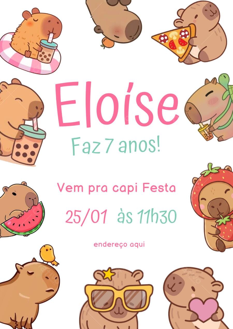 Convite Aniversário Capivara Fofa 7 Anos Editável
