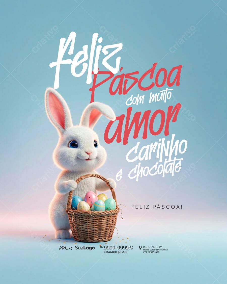 Post Instagram Feliz Páscoa Coelho Fofo PSD Editável