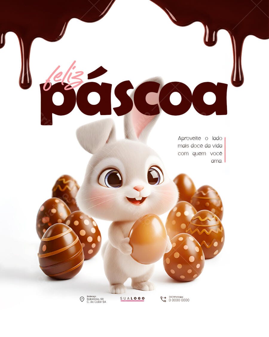 Post Páscoa Coelho Fofo Ovos Chocolate PSD Editável