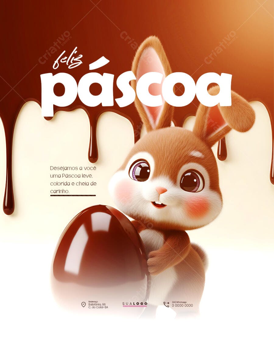 Post Instagram Feliz Páscoa Coelho Chocolate PSD Editável